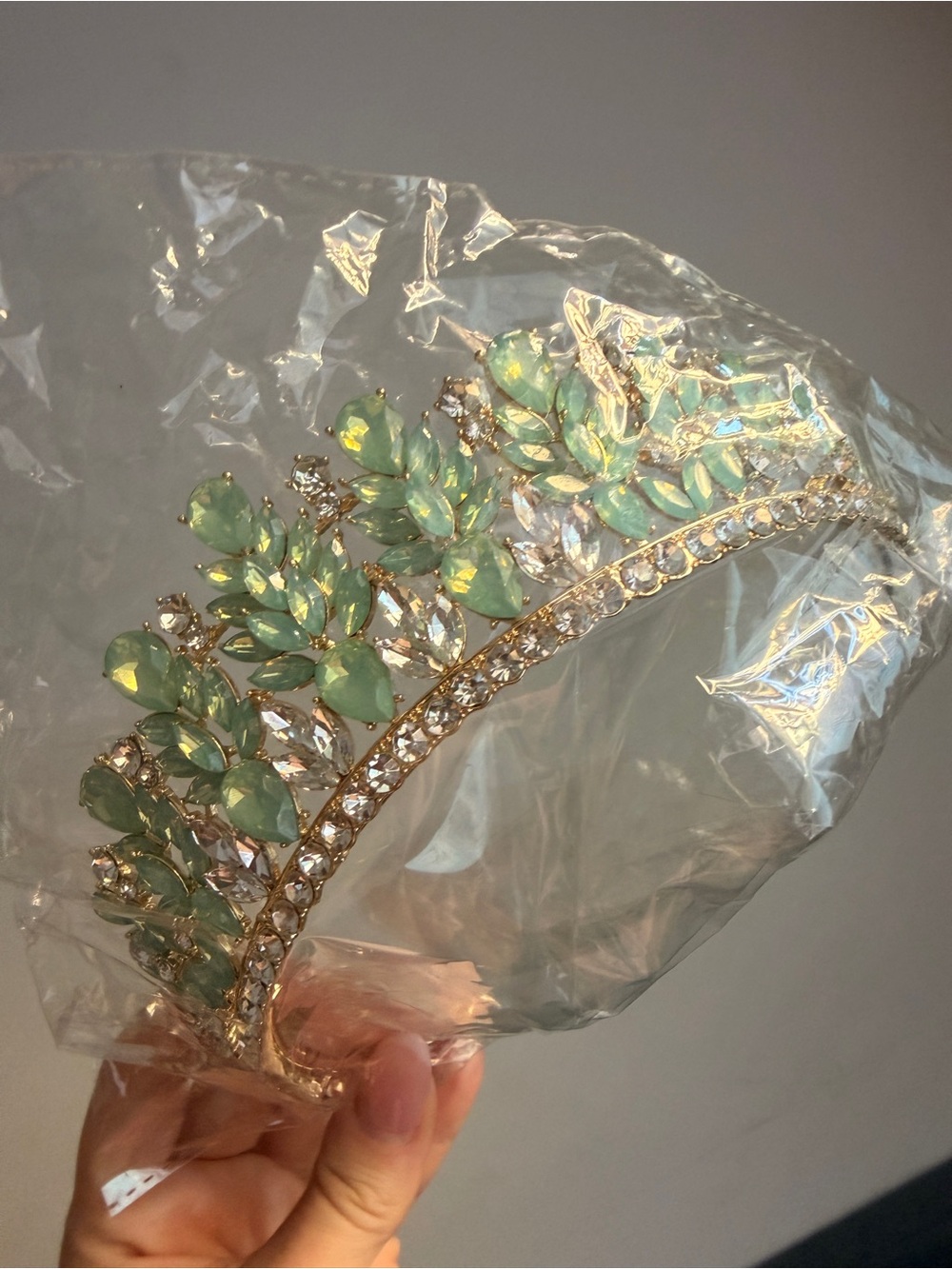Gold Tiara with Mint Green and Clear Crystal Accents - Women Accessories